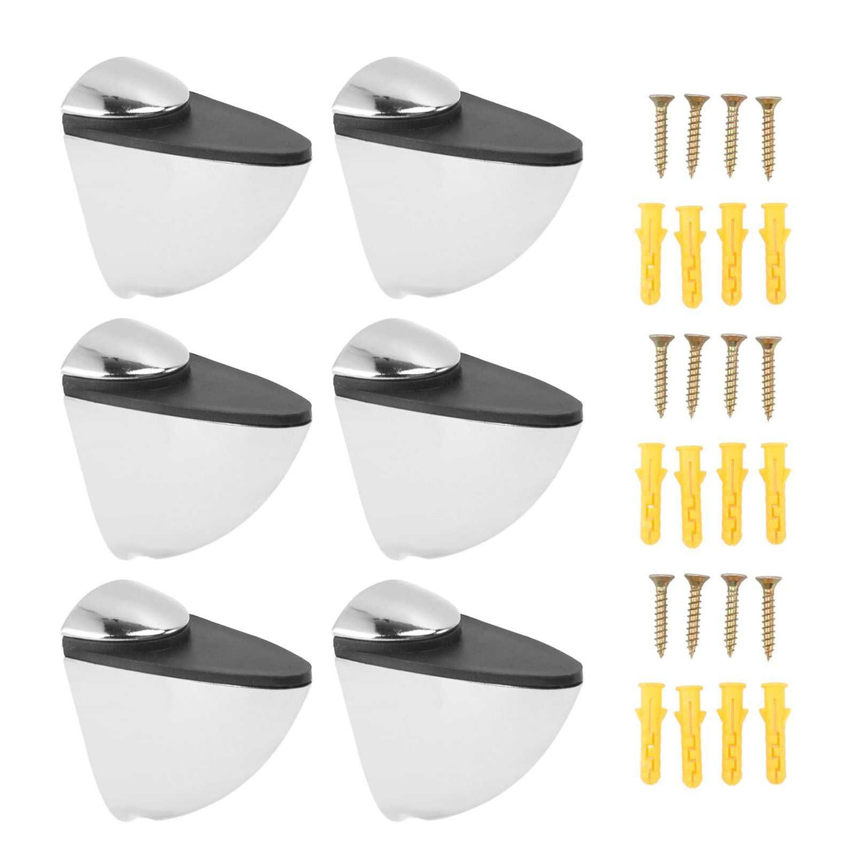 Glass Clamp shelf brackets in a six-pack, featuring silver zinc alloy bodies with dark rubber pads and included screws.