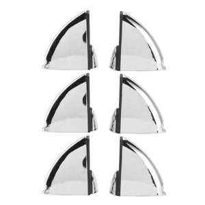 Glass Clamp set of six polished silver metal brackets, with curved triangular profiles and raised edges for shelf support