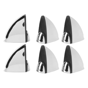 Glass Clamp set of six polished silver metal brackets with curved triangular bodies and dark rubber gripping pads