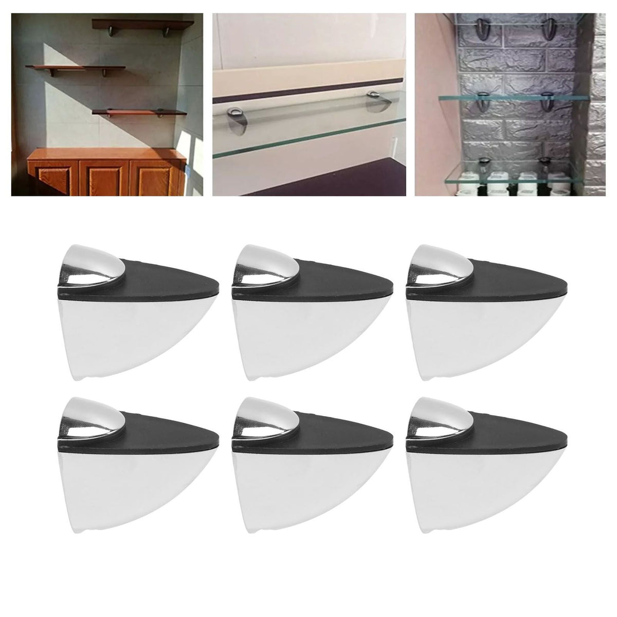 Glass Clamp set of six with silver metal fittings, black tops and translucent white tapered bases for shelf support