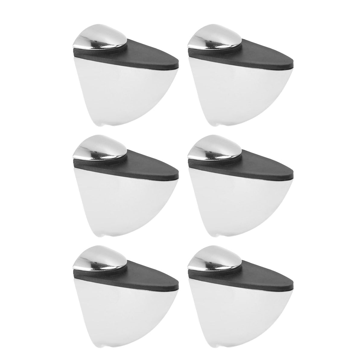 Glass Clamp set of six silver metal shelf supports with black rubber pads and rounded triangular brackets
