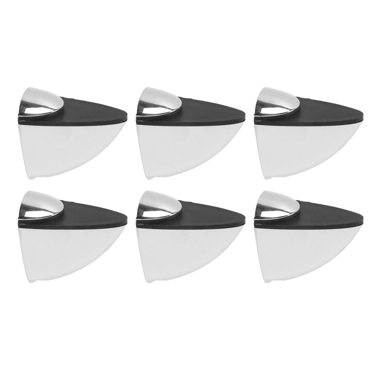 Glass Clamp set of six triangular shelf supports in silver zinc alloy with black pads and polished metal caps
