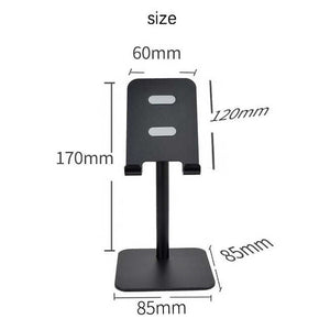 Adjustable phone and tablet stand in dark grey metal with a slim upright support, slotted holder and square base; Gold Adjustable Aluminum Alloy