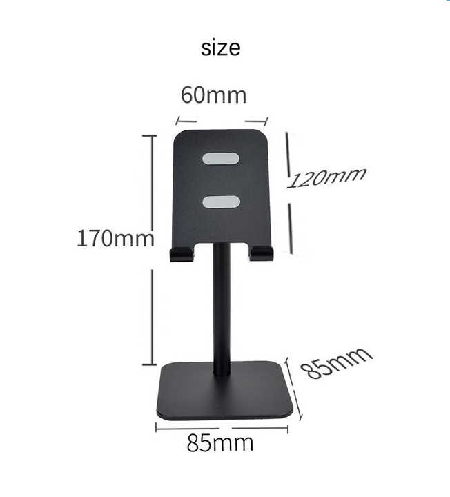 Adjustable phone and tablet stand in dark grey metal with a slim upright support, slotted holder and square base; Gold Adjustable Aluminum Alloy
