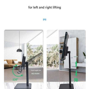 Gold Adjustable Aluminum Alloy phone stand in dark finish with adjustable-height pole, broad base and 120-degree tilt