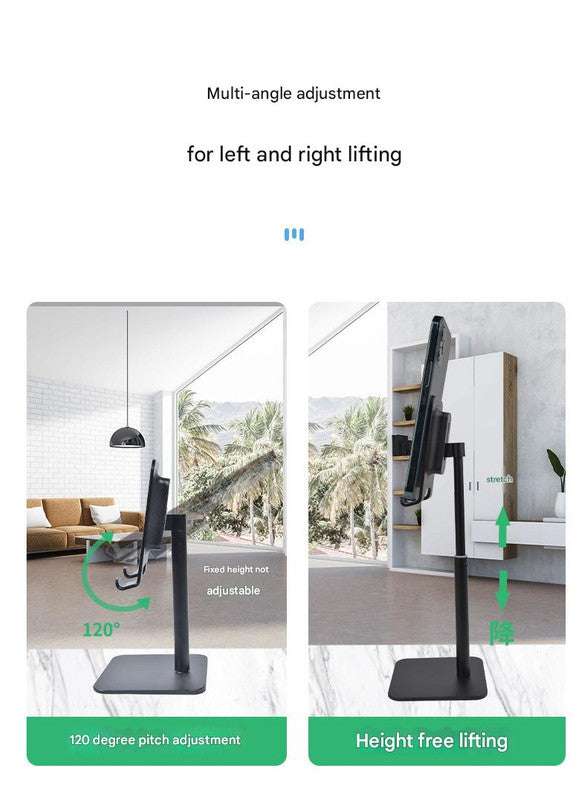 Gold Adjustable Aluminum Alloy phone stand in dark finish with adjustable-height pole, broad base and 120-degree tilt