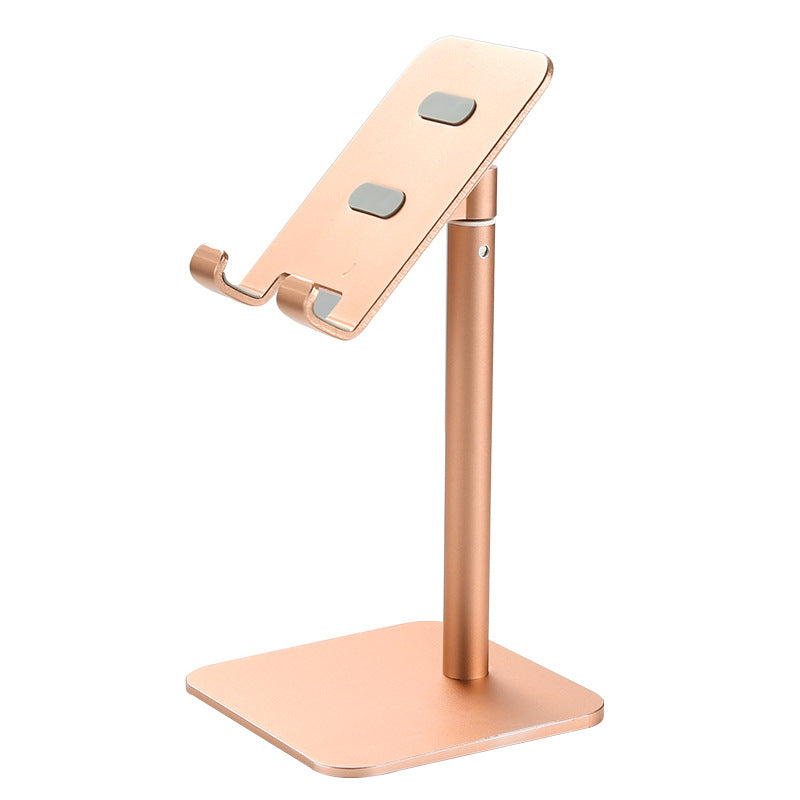 Gold Adjustable Aluminum Alloy phone stand with a metal support arm, tilted rectangular cradle and broad square base
