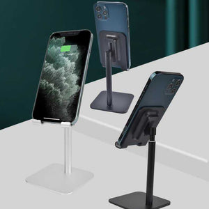 Phone stand in gold-colored aluminum alloy with a square base, telescopic stem and adjustable phone holder