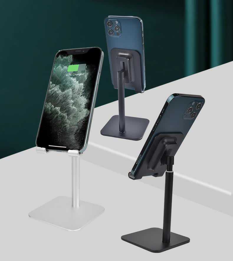 Phone stand in gold-colored aluminum alloy with a square base, telescopic stem and adjustable phone holder