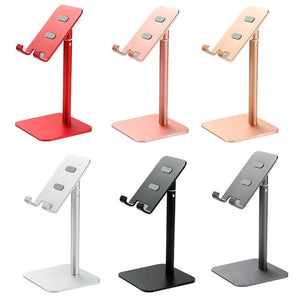 Gold Adjustable Aluminum Alloy phone and tablet stand with a slim adjustable support, tilted holder and square base