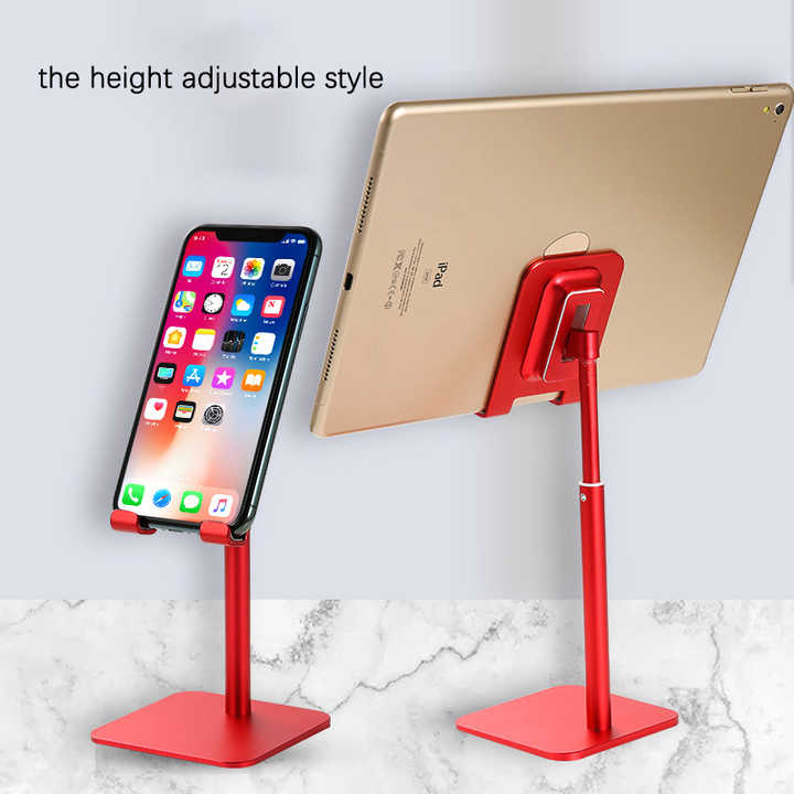 Gold Adjustable Aluminum Alloy phone and tablet stand with a height-adjustable red metal arm and square base