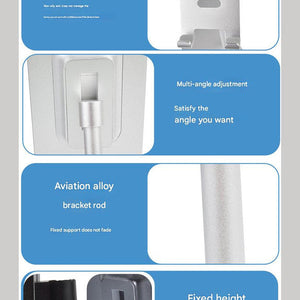 Gold Adjustable Aluminum Alloy phone and tablet stand with a telescopic metal arm, padded holder and adjustable support