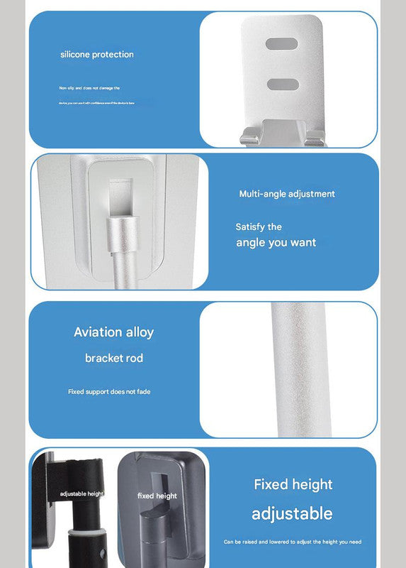 Gold Adjustable Aluminum Alloy phone and tablet stand with a telescopic metal arm, padded holder and adjustable support