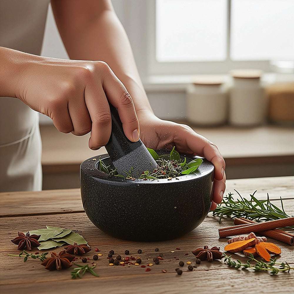 Granite Mortar & Pestle in dark grey speckled stone, with a rounded bowl and matching pestle grinding fresh herbs