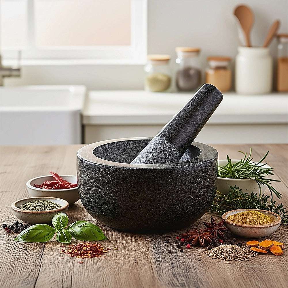 Granite Mortar & Pestle set in dark grey speckled stone, with a deep rounded bowl and matching long pestle