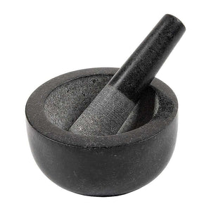 Granite Mortar & Pestle set in dark grey speckled stone, with a deep rounded bowl and matching tapered pestle