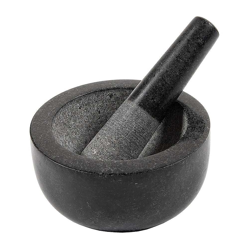 Granite Mortar & Pestle set in dark grey speckled stone, with a deep rounded bowl and matching tapered pestle