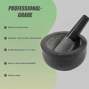 Granite Mortar & Pestle in dark grey solid granite, with a rounded bowl and matching pestle resting inside