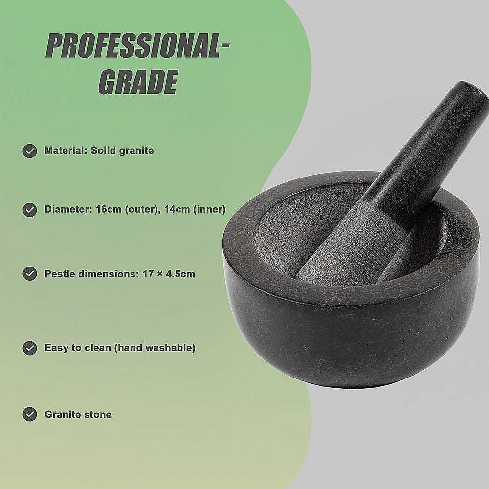 Granite Mortar & Pestle in dark grey solid granite, with a rounded bowl and matching pestle resting inside