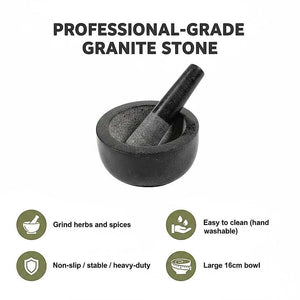 Granite Mortar & Pestle in dark grey stone, with a sturdy bowl and matching pestle for grinding herbs and spices