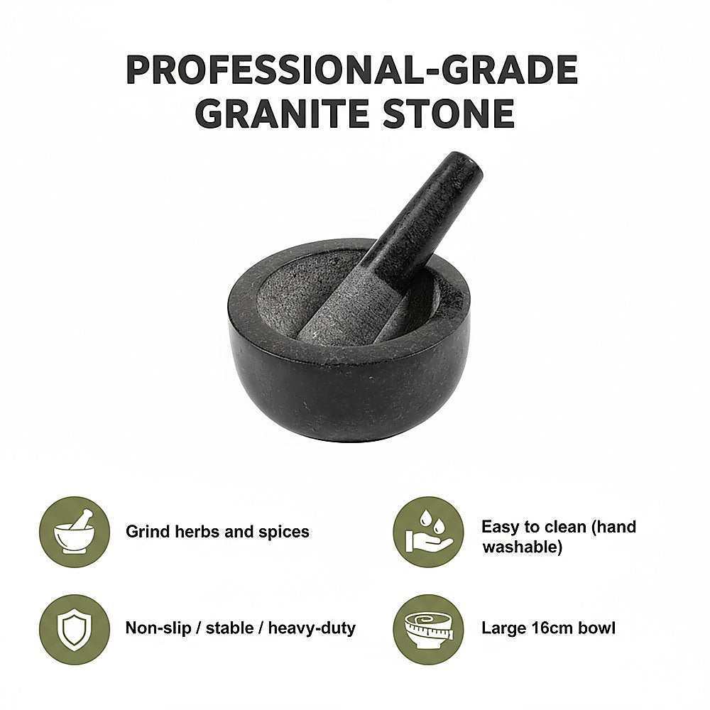 Granite Mortar & Pestle in dark grey stone, with a sturdy bowl and matching pestle for grinding herbs and spices