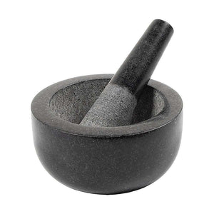 Granite Mortar & Pestle set in dark grey stone, with a rounded bowl and matching pestle with a smooth finish