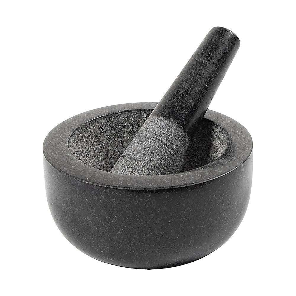 Granite Mortar & Pestle set in dark grey stone, with a rounded bowl and matching pestle with a smooth finish