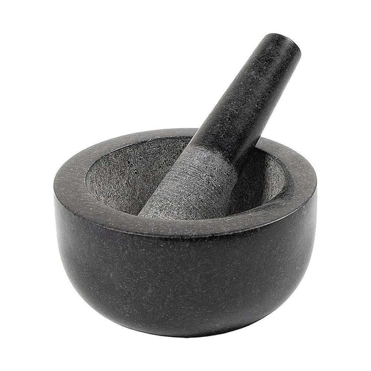 Granite Mortar & Pestle set in dark grey stone, with a rounded bowl and matching pestle with a smooth finish
