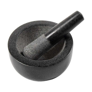 Granite Mortar & Pestle set in dark grey stone, with a rounded bowl and long cylindrical pestle