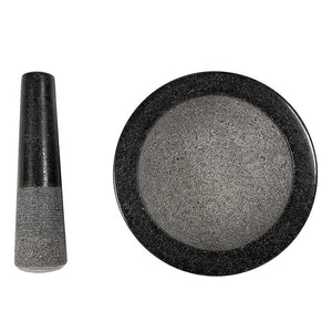 Granite Mortar & Pestle set in speckled grey stone, with a round bowl and matching tapered pestle