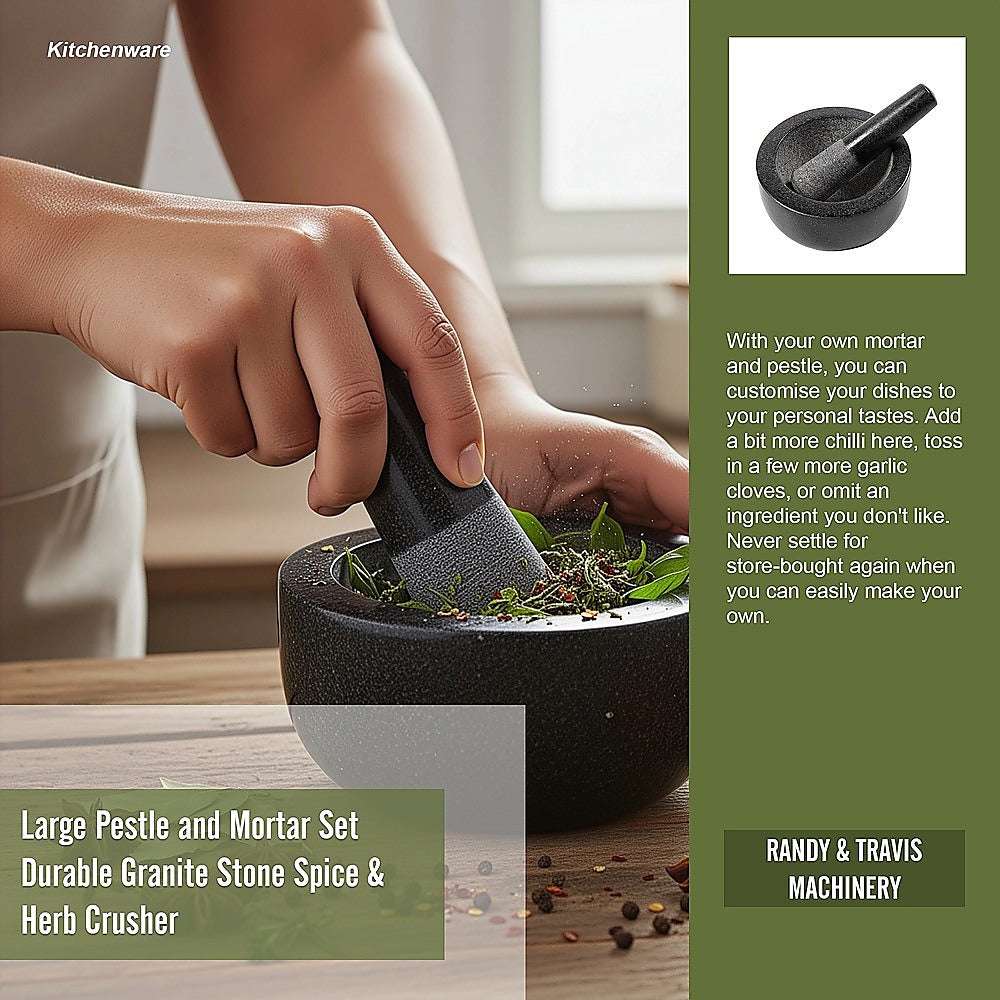 Granite Mortar & Pestle in dark grey speckled stone, with a deep bowl and matching pestle crushing herbs