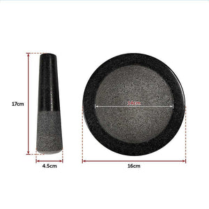 Granite Mortar & Pestle set in dark grey stone, with a round bowl and tapered pestle shown with measurements