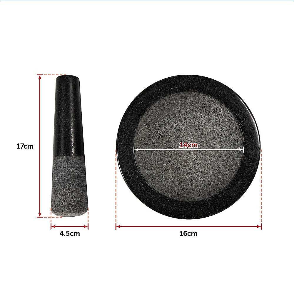 Granite Mortar & Pestle set in dark grey stone, with a round bowl and tapered pestle shown with measurements