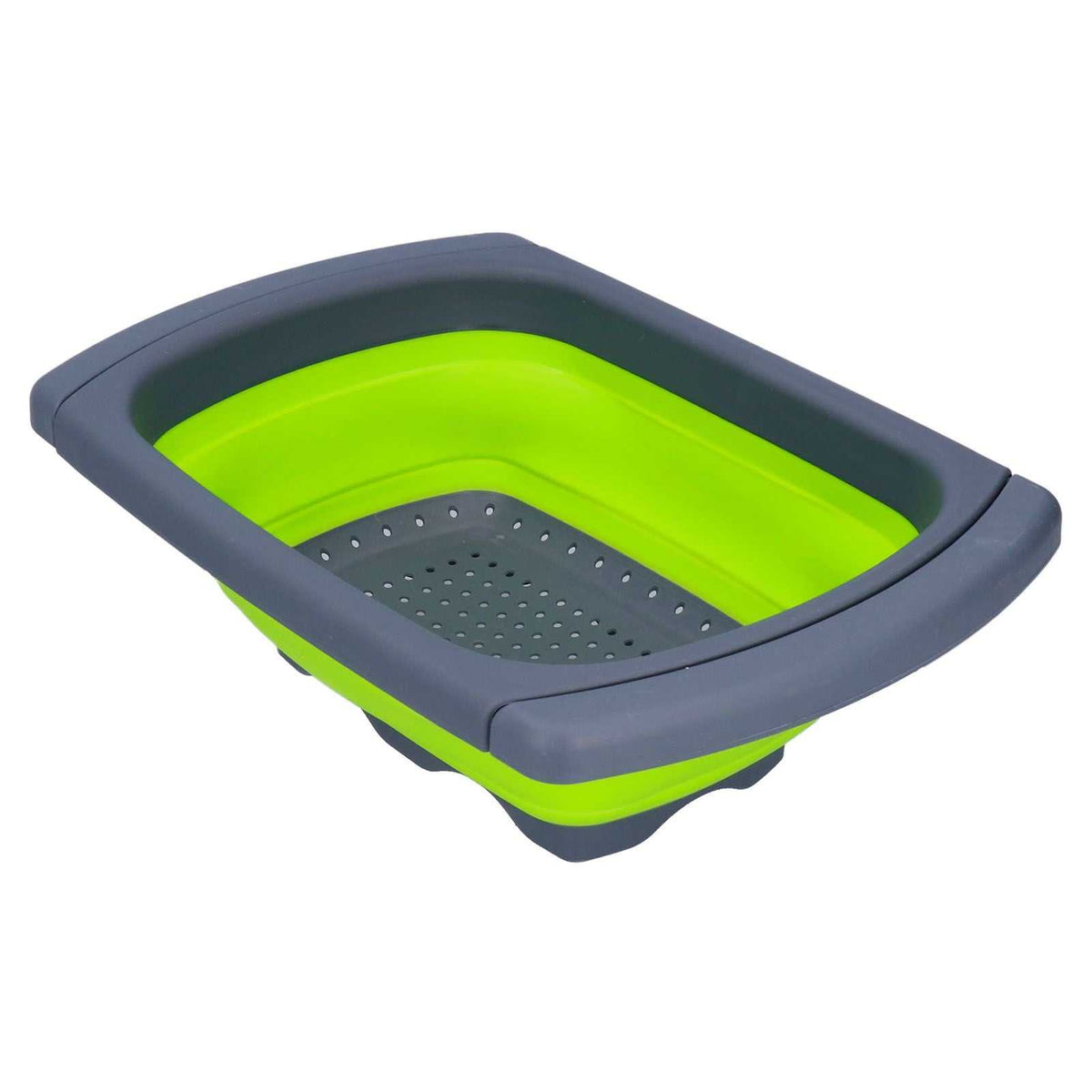 Green Foldable Drain Basket with bright green collapsible silicone sides, dark grey plastic rim and perforated base