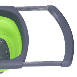 Green Foldable Drain Basket with bright green silicone basin, charcoal plastic rim and long non-slip handles