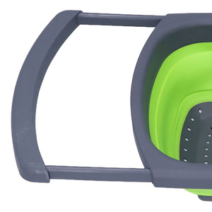 Green Foldable Drain Basket with bright green silicone bowl, dark grey plastic frame, handles and perforated base