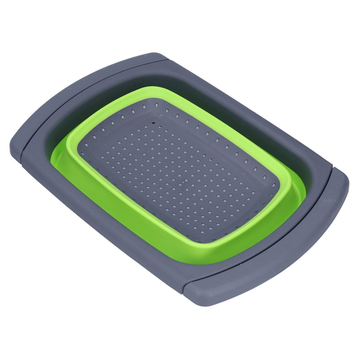 Green Foldable Drain Basket with bright green silicone rim, dark gray plastic frame and perforated collapsible basin