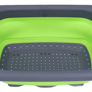 Green Foldable Drain Basket with bright green silicone sides, dark grey plastic rim and a perforated draining base
