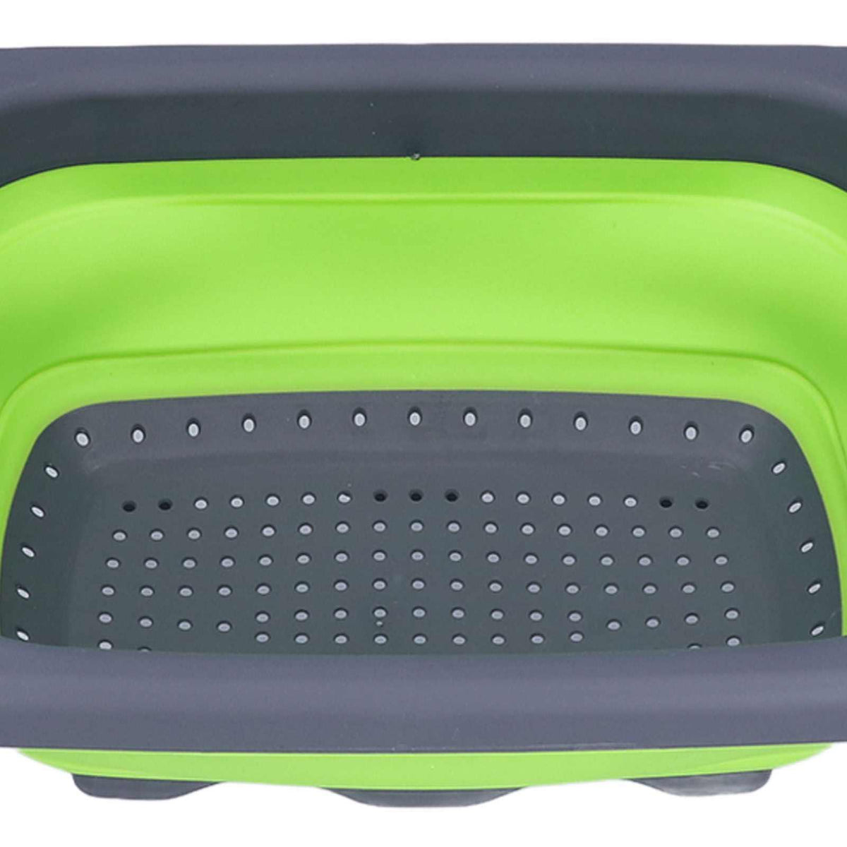Green Foldable Drain Basket with bright green silicone sides, dark grey plastic rim and a perforated draining base