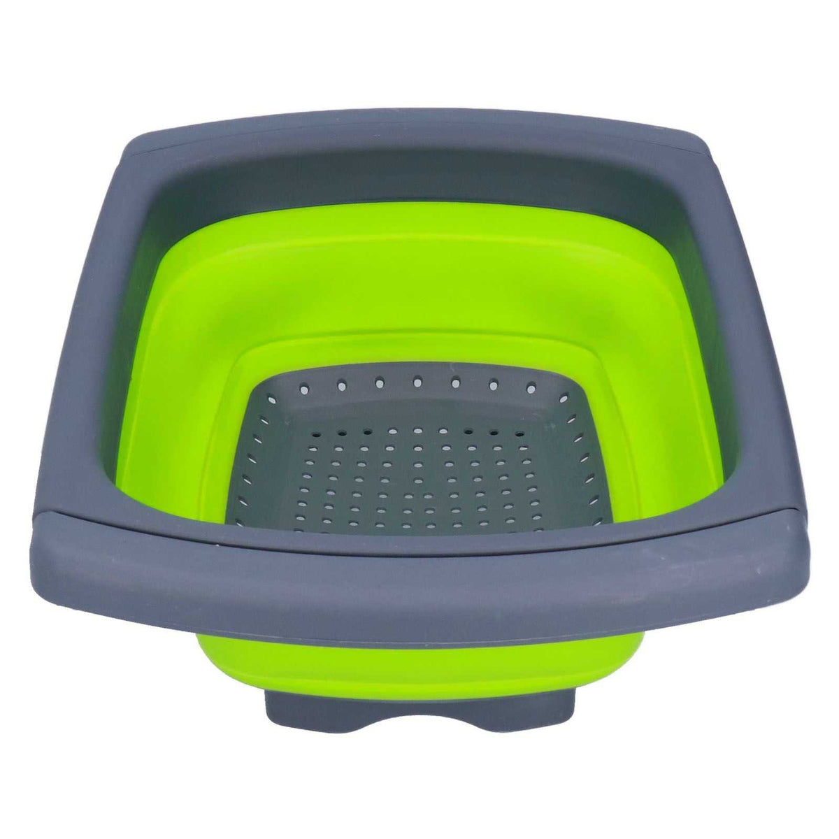 Green Foldable Drain Basket with bright green silicone sides, dark grey plastic rim and perforated base