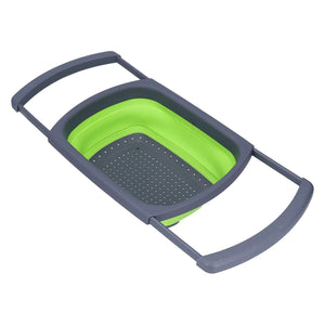 Green Foldable Drain Basket with a bright green silicone basin, dark grey plastic frame and perforated base
