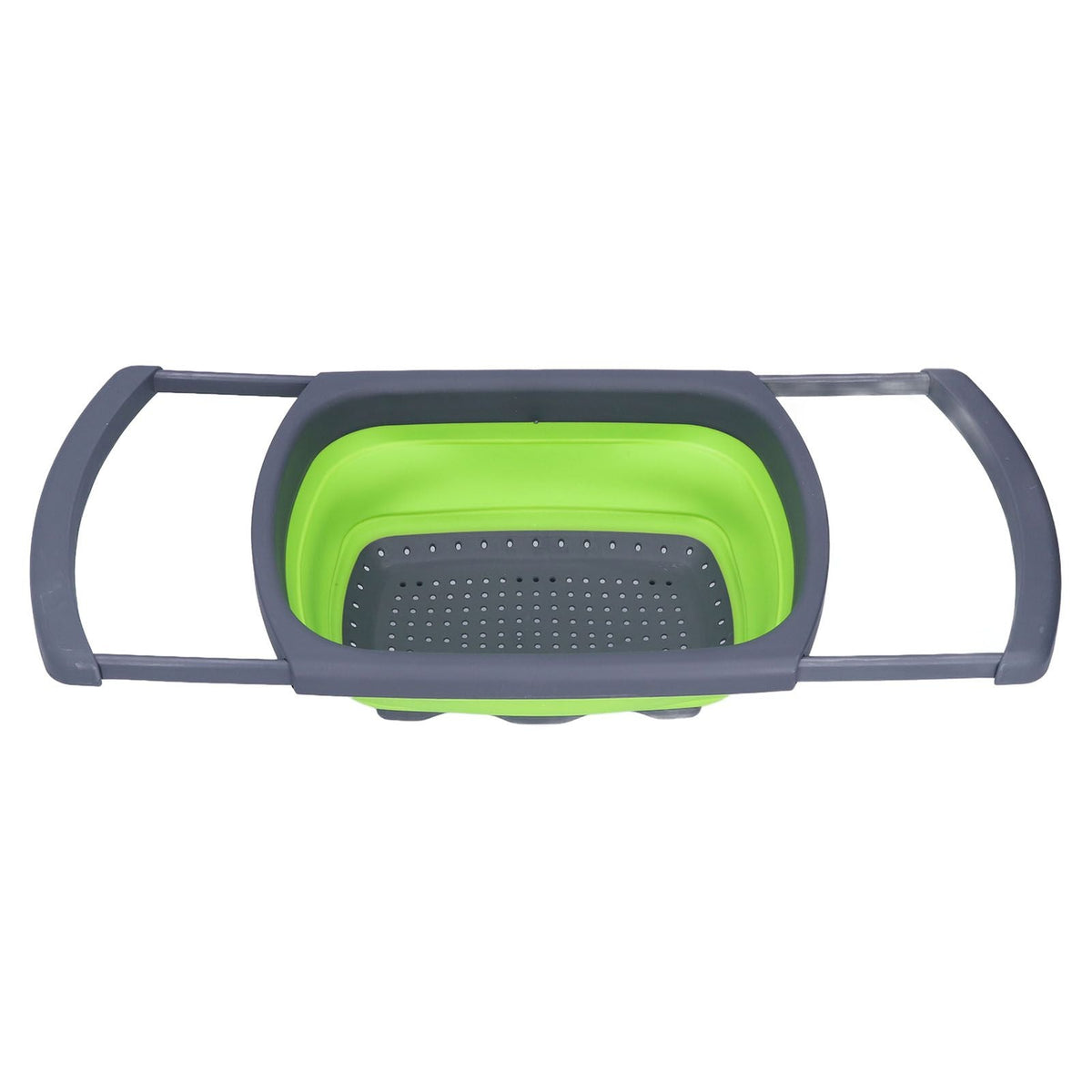 Green Foldable Drain Basket with bright green collapsible silicone basin, dark grey plastic frame, perforated base and extendable handles