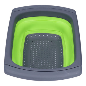 Green Foldable Drain Basket with bright green silicone sides, dark gray plastic rim and perforated base