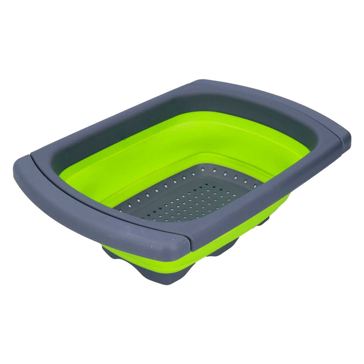 Green Foldable Drain Basket with bright green silicone sides, dark gray plastic rim and perforated draining base