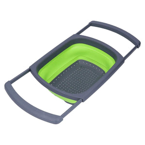 Green Foldable Drain Basket with bright green silicone sides, dark grey perforated base and extendable handles