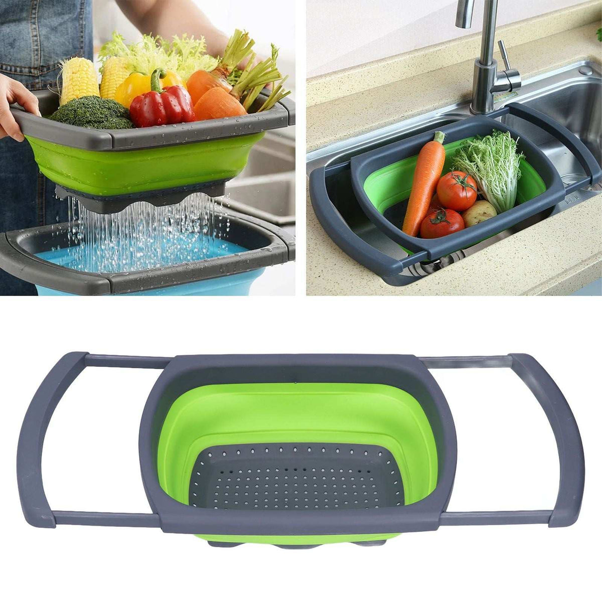 Green Foldable Drain Basket with a bright green collapsible silicone basin, dark gray plastic handles and perforated base