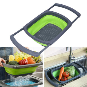 Green Foldable Drain Basket with lime silicone sides, dark plastic frame, extendable handles and perforated base