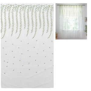 Sheer voile curtain with Green Willow Leaves in a light green botanical print on translucent white fabric
