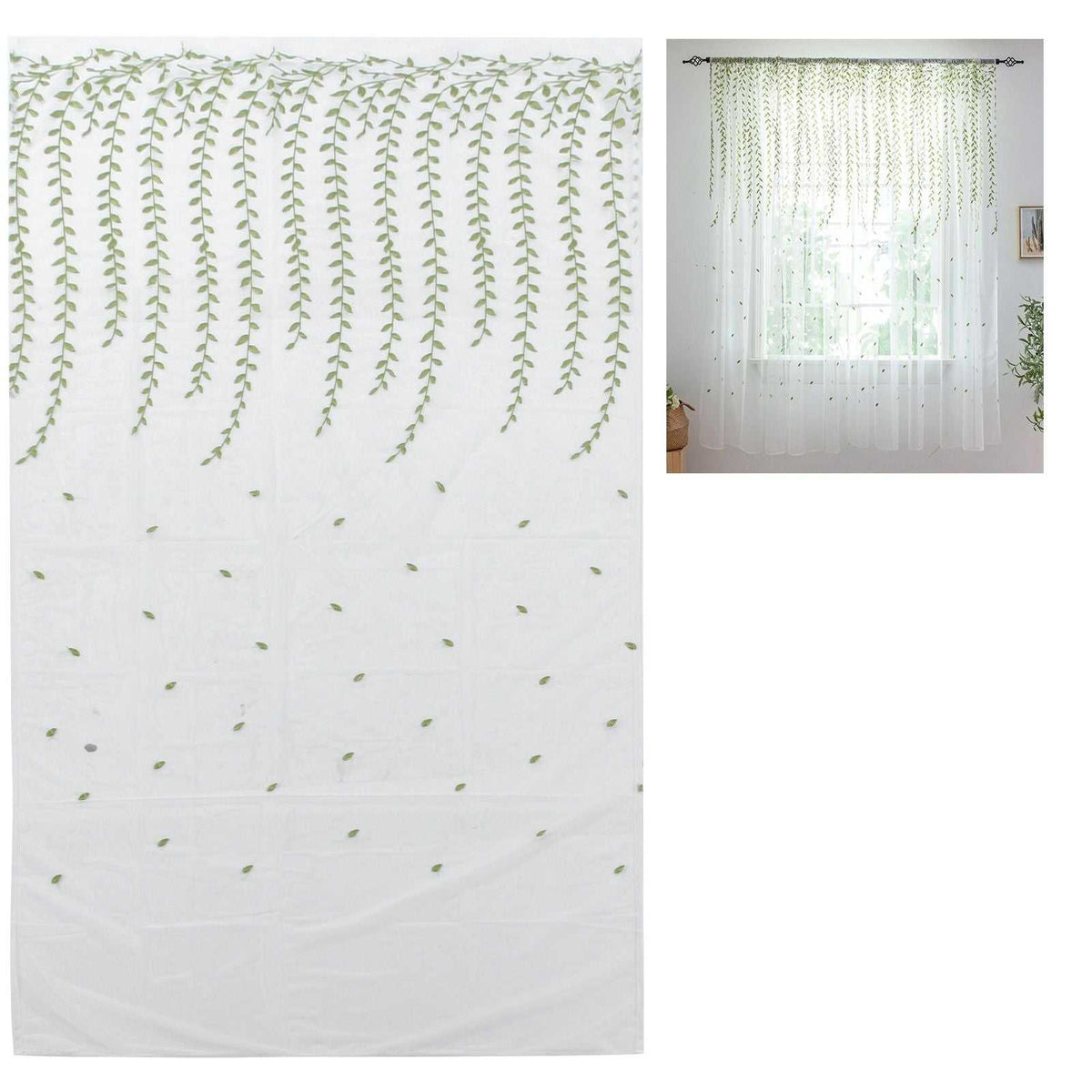 Sheer voile curtain with Green Willow Leaves in a light green botanical print on translucent white fabric