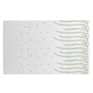 Sheer voile curtain with Green Willow Leaves print, translucent white polyester fabric and delicate green botanical branches